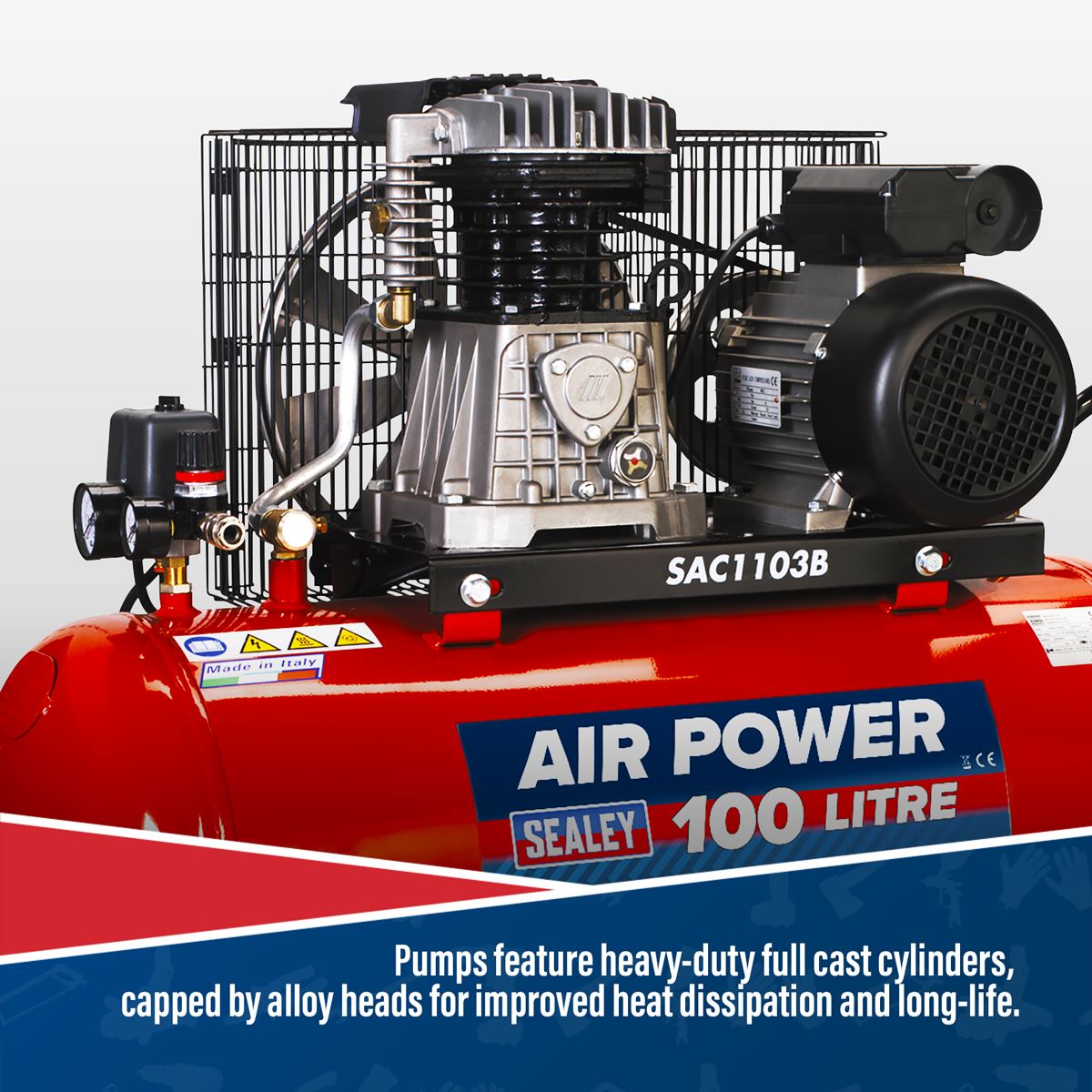 Sealey Air Compressor 100L Belt Drive 3hp with Cast Cylinders & Wheels SAC1103B