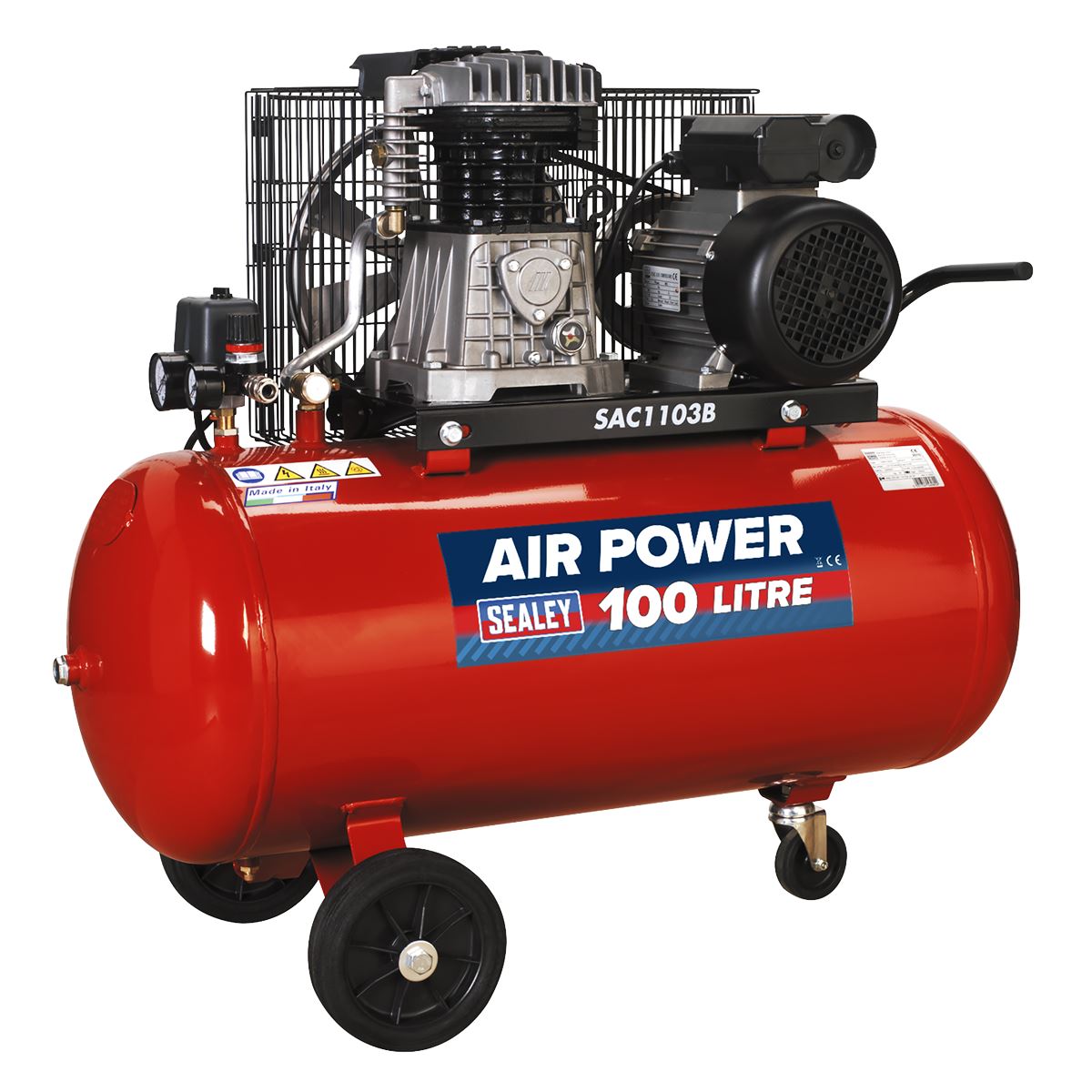 Sealey Air Compressor 100L Belt Drive 3hp with Cast Cylinders & Wheels SAC1103B
