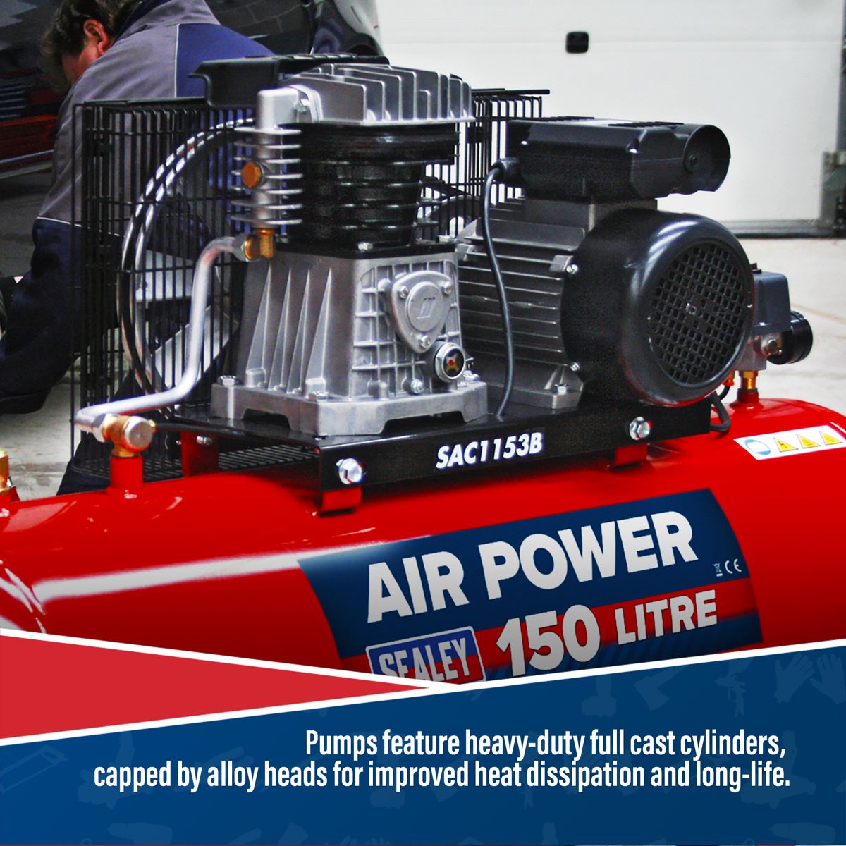 Sealey Air Compressor 150L Belt Drive 3hp with Cast Cylinders SAC1153B