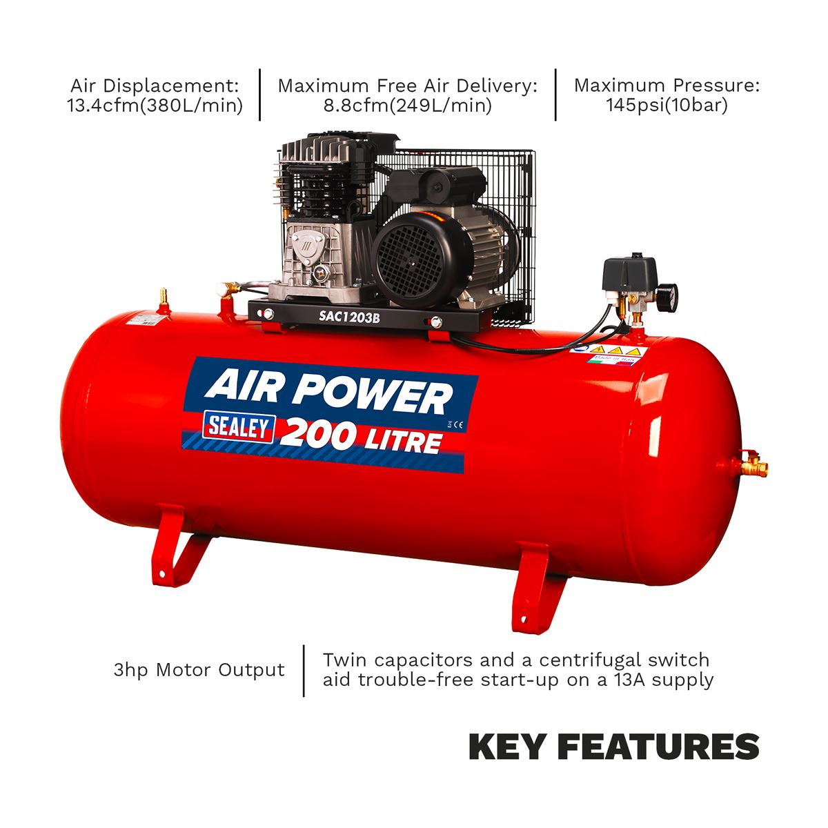 Sealey Air Compressor 200L Belt Drive 3hp with Cast Cylinders SAC1203B