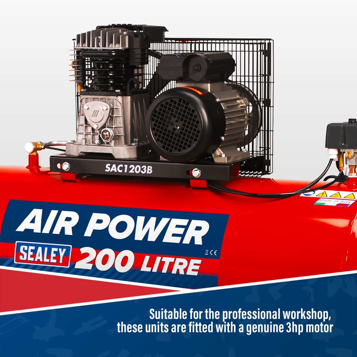 Sealey Air Compressor 200L Belt Drive 3hp with Cast Cylinders SAC1203B