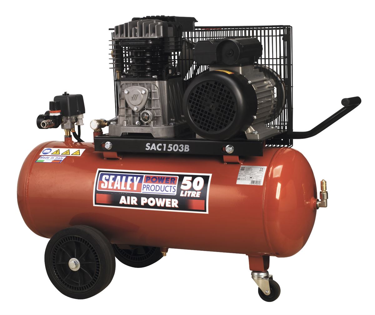 Sealey Air Compressor 50L Belt Drive 3hp with Cast Cylinders & Wheels SAC1503B