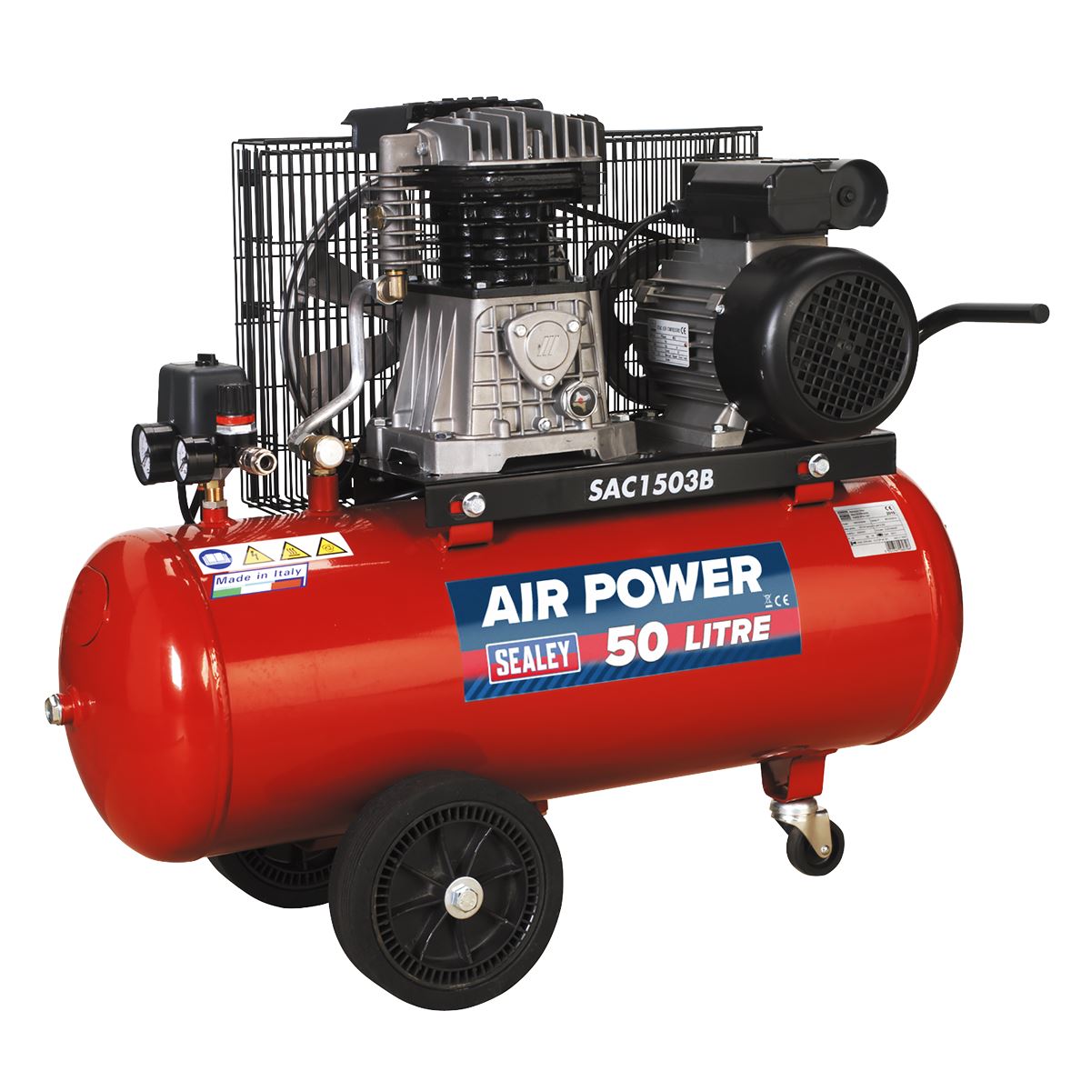 Sealey Air Compressor 50L Belt Drive 3hp with Cast Cylinders & Wheels SAC1503B