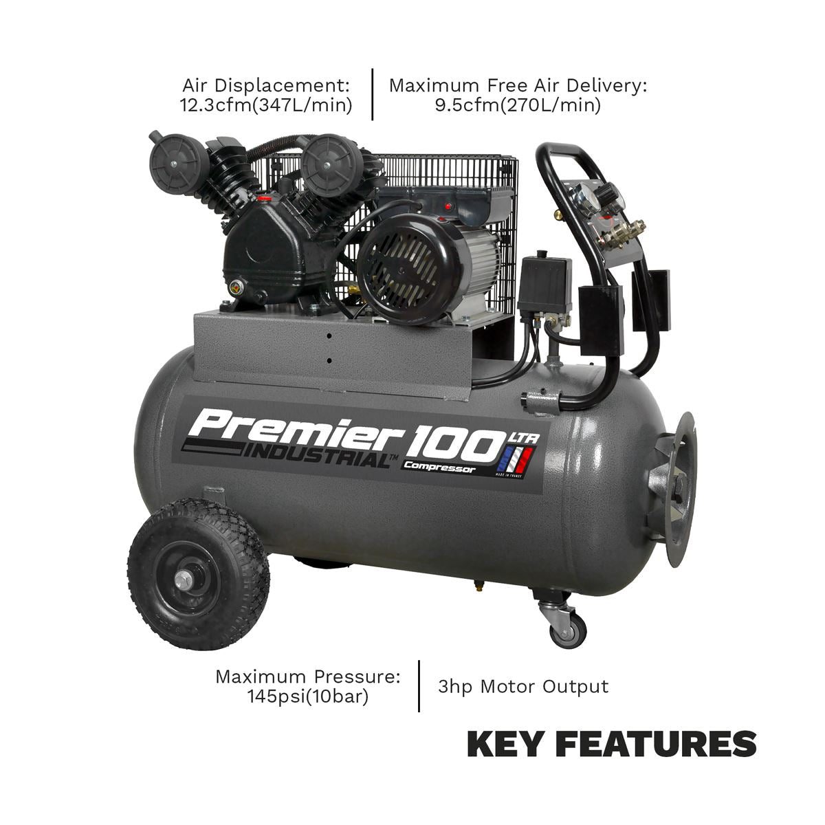 Sealey Air Compressor 100L Belt Drive 3hp with Front Control Panel SAC3103B