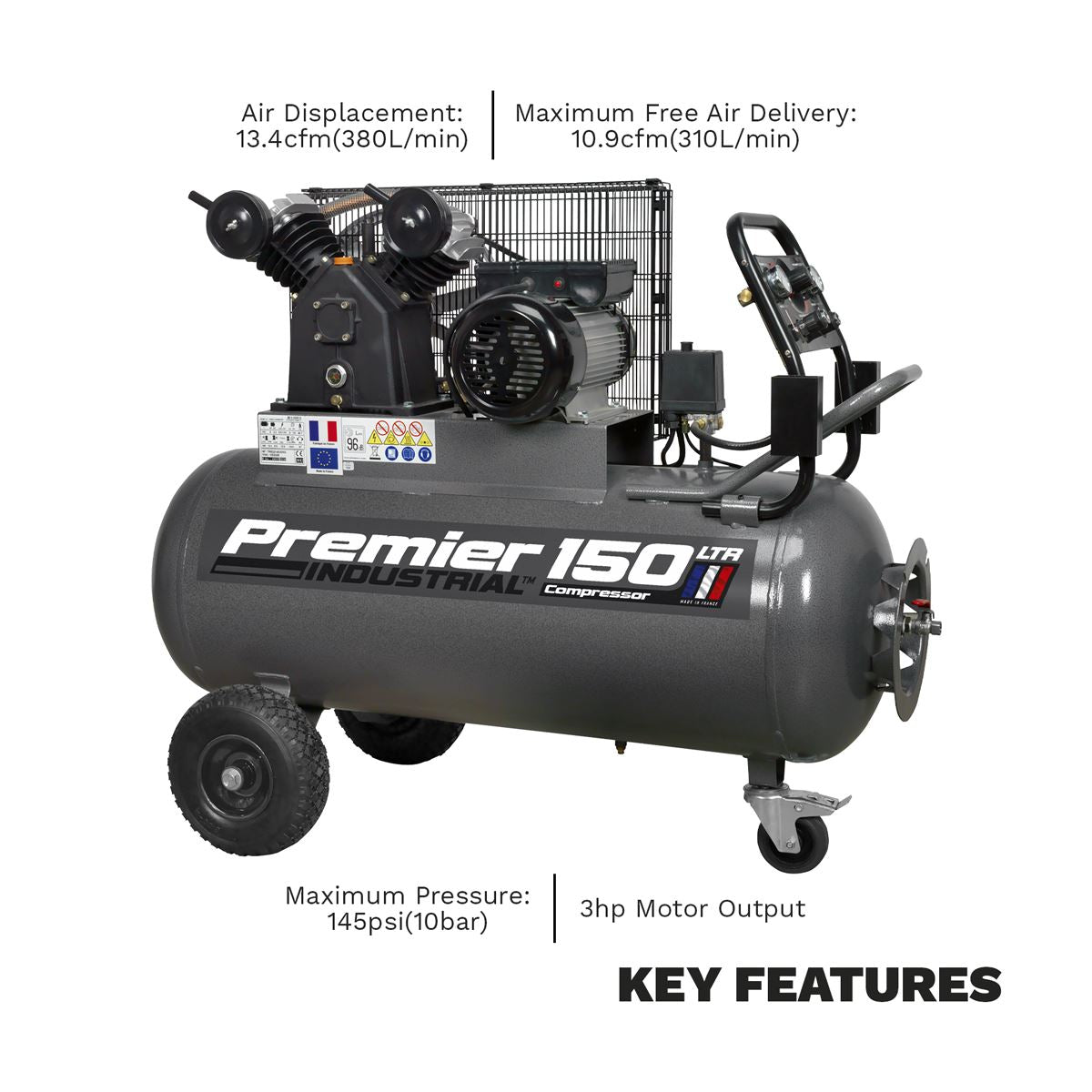 Sealey Air Compressor 150L Belt Drive 3hp with Front Control Panel SAC3153B