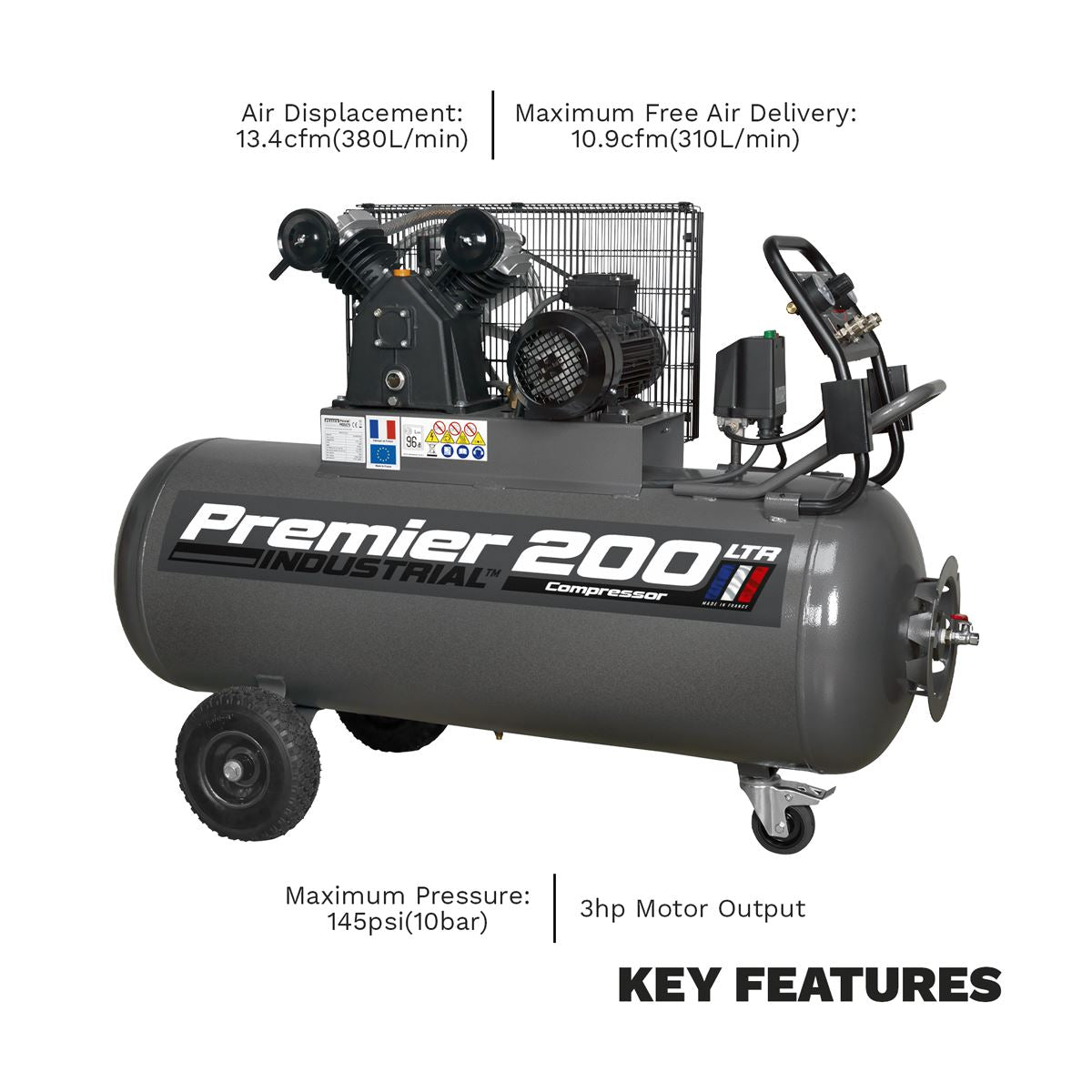 Sealey Air Compressor 200L Belt Drive 3hp Control Panel 415V 3ph SAC3203B3PH