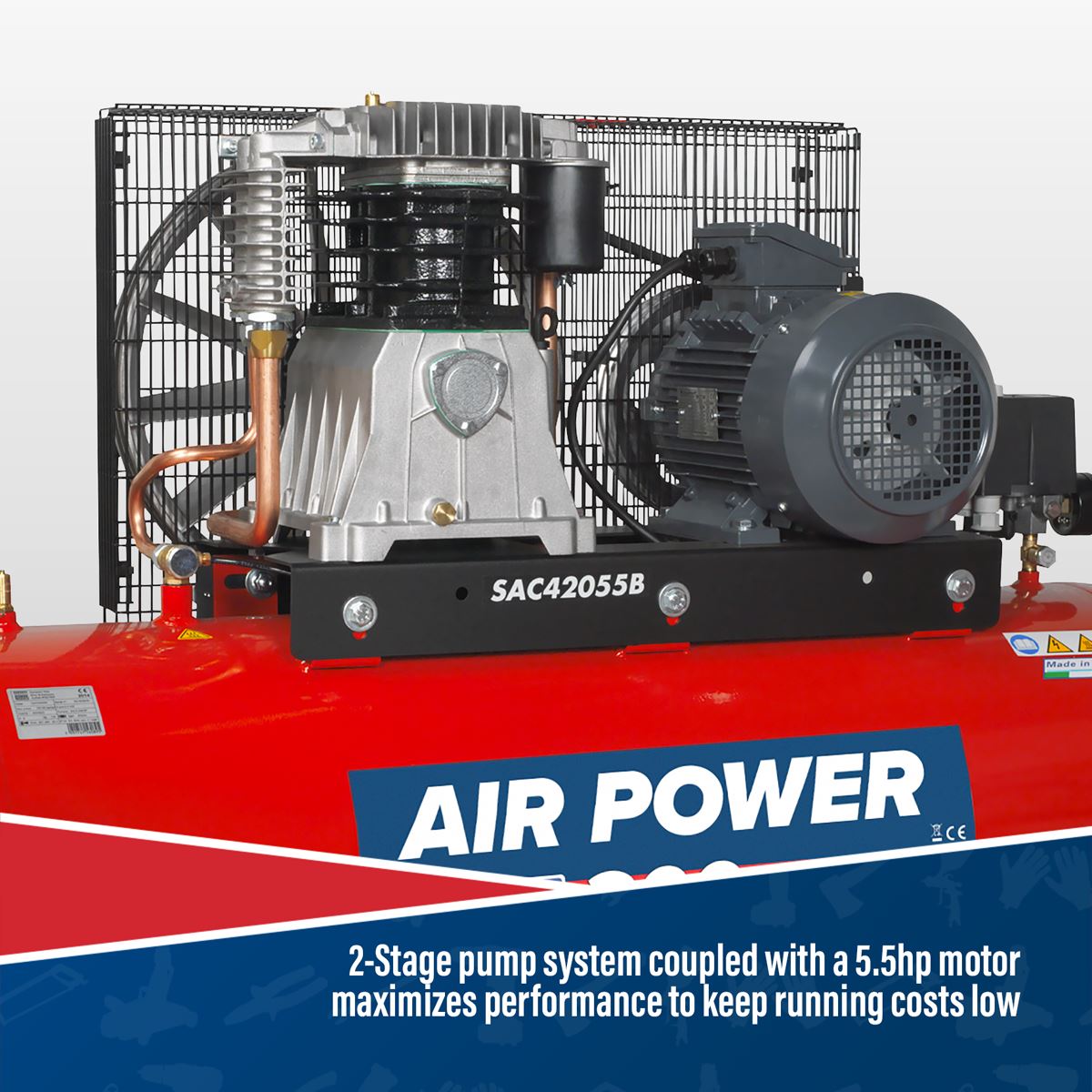 Sealey Air Compressor 200L Belt Drive 5.5hp 3ph 2-Stage Cast Cylinder SAC42055B