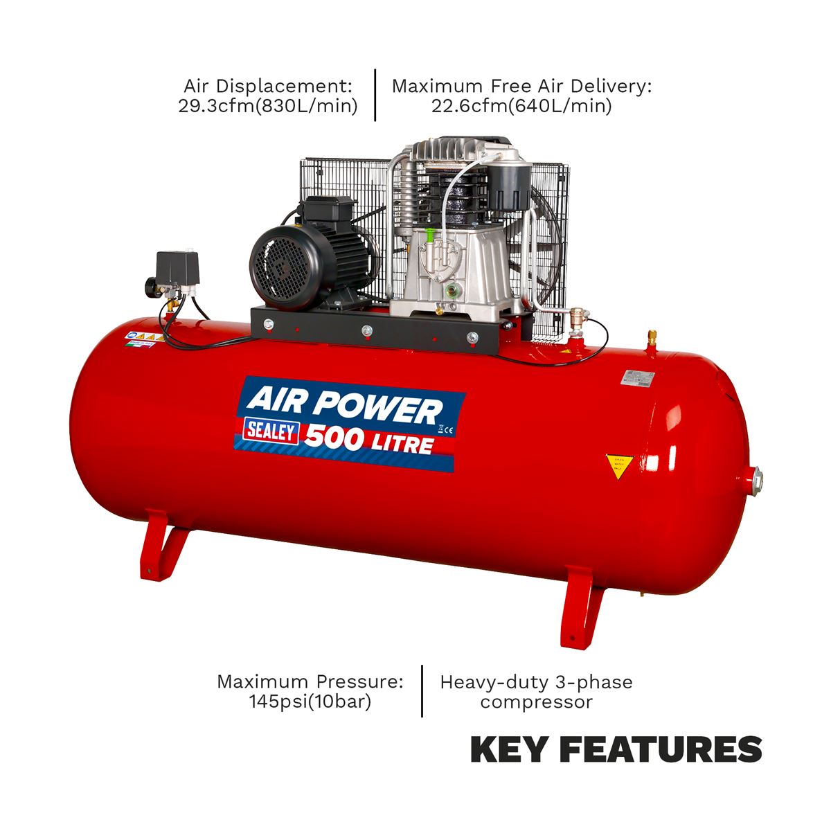 Sealey Air Compressor 500L Belt Drive 7.5hp 3ph 2 Stage Cast Cylinder SAC55075B