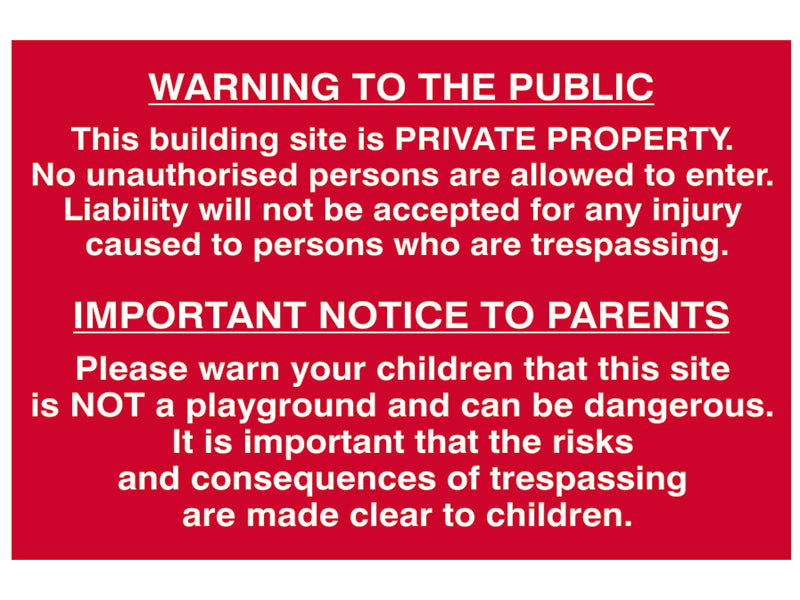 Scan Building Site Warning to Public & Parents - PVC Sign 600 x 400mm SCA4251