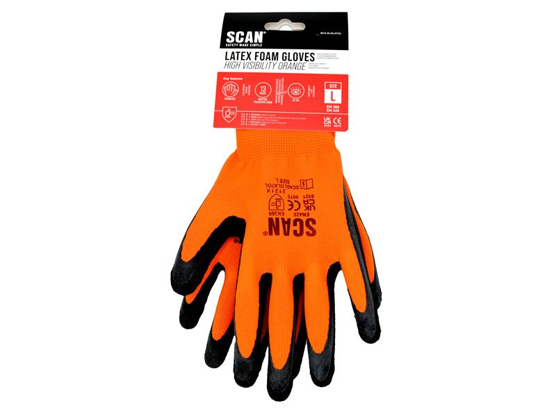 Scan Hi-Vis Orange Foam Latex Coated Gloves - L (Size 9) SCAGLOLATOL