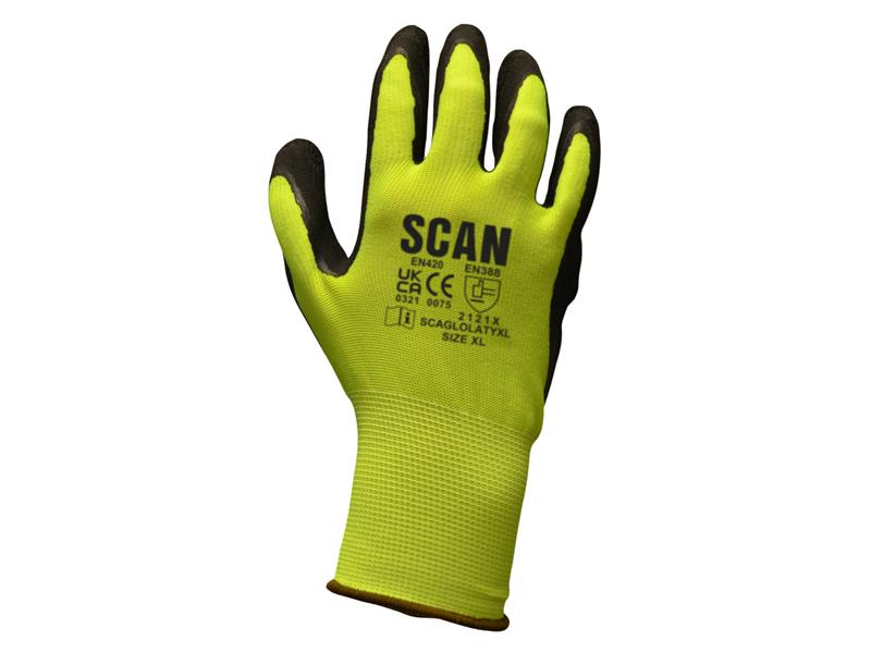 Scan Hi-Vis Yellow Foam Latex Coated Gloves -XL (Size 10) SCAGLOLATYXL