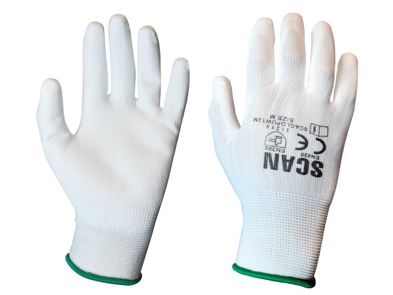 Scan White PU Coated Gloves - M (Size 8) (Pack 12) SCAGLOPUW12M