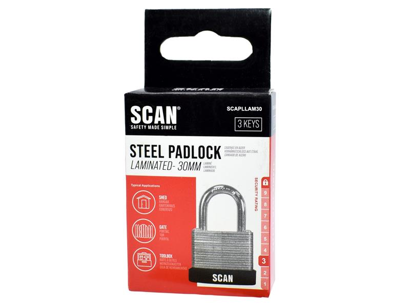 Scan Laminated Steel Padlock 30mm Individually Galvanised Plates SCAPLLAM30