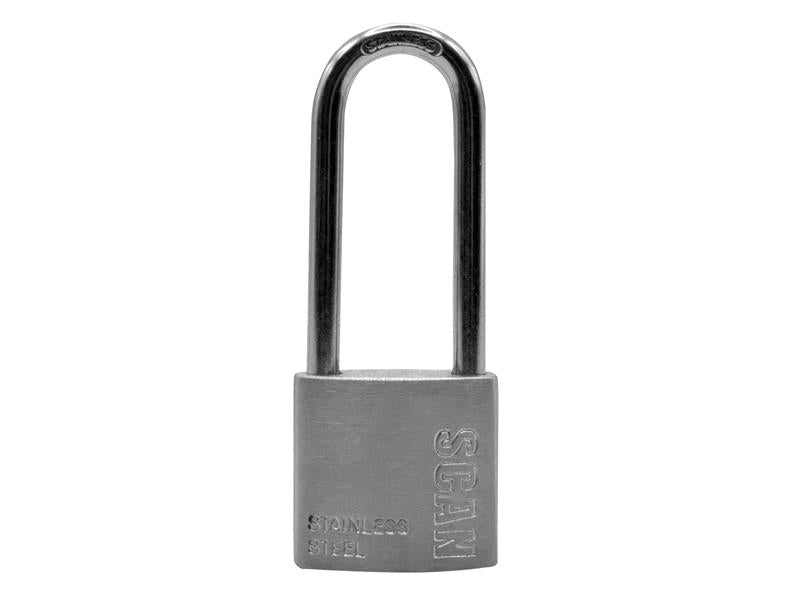 Scan Stainless Steel Padlock 32mm Long Shackle Outdoor Applications SCAPLSS32LS