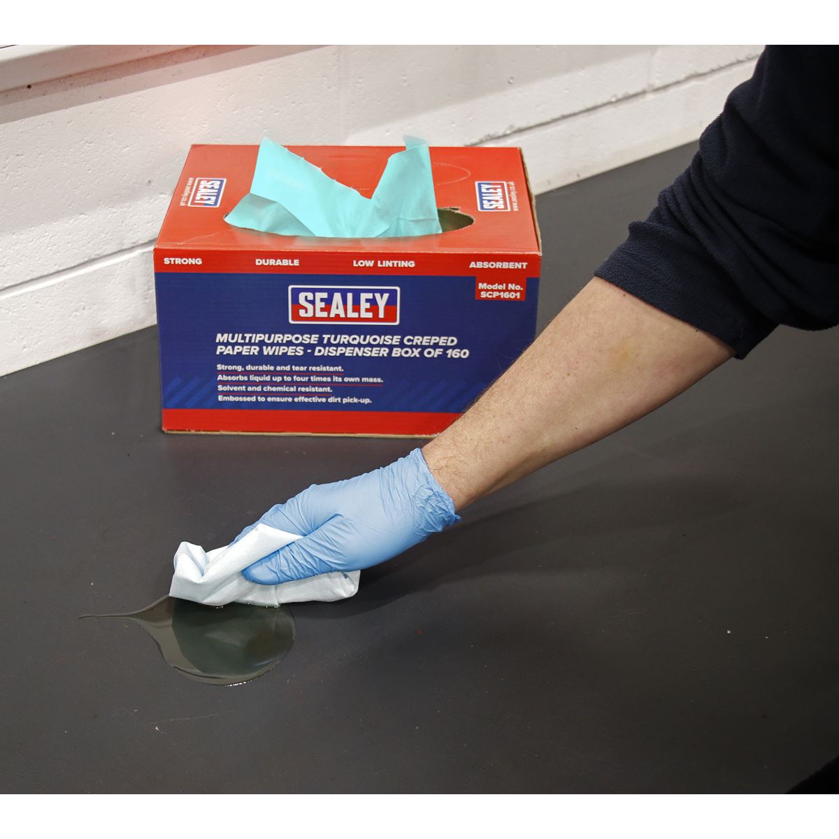 Sealey Multipurpose Paper Wipes in Dispenser Box - Creped Turquoise 69gsm 160 Sheets SCP1601