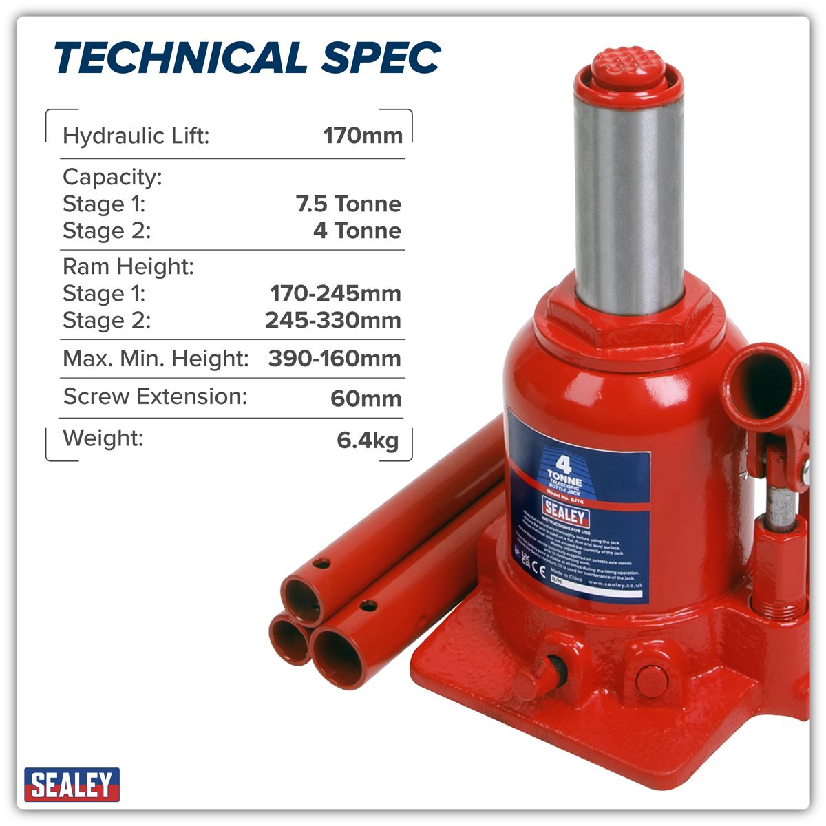 Sealey Bottle Jack 4 Tonne Telescopic SJT4
