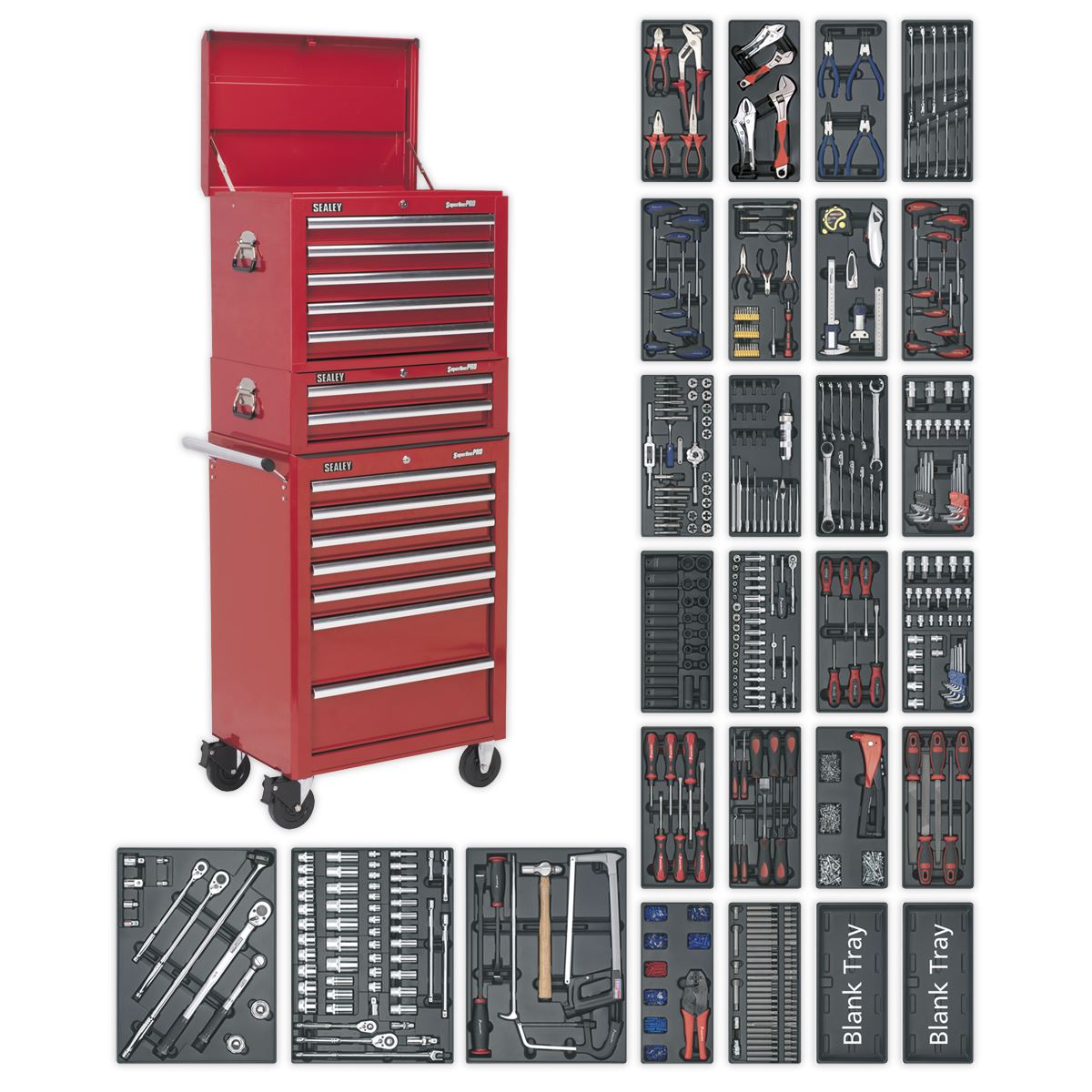 Sealey Tool Chest Combination 14 Drawer with Ball-Bearing Slides - Red & 1179pc Tool Kit SPTCOMBO1