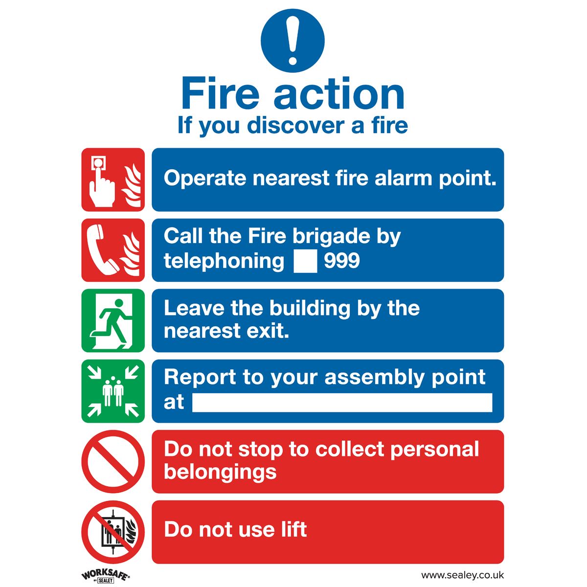 Sealey Safe Conditions Safety Sign - Fire Action With Lift - Rigid Plastic - Pack of 10 SS19P10