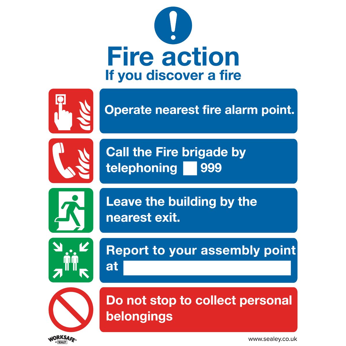 Sealey Safe Conditions Safety Sign - Fire Action Without Lift - Self-Adhesive Vinyl SS20V1