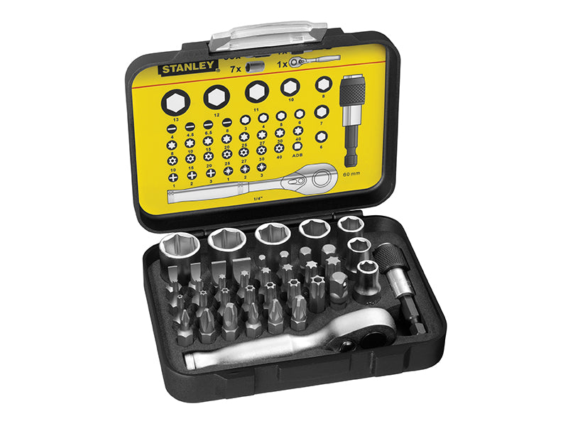 STANLEY 1/4in Drive Metric Socket Ratchet And Bit Set 39 Piece STA113906