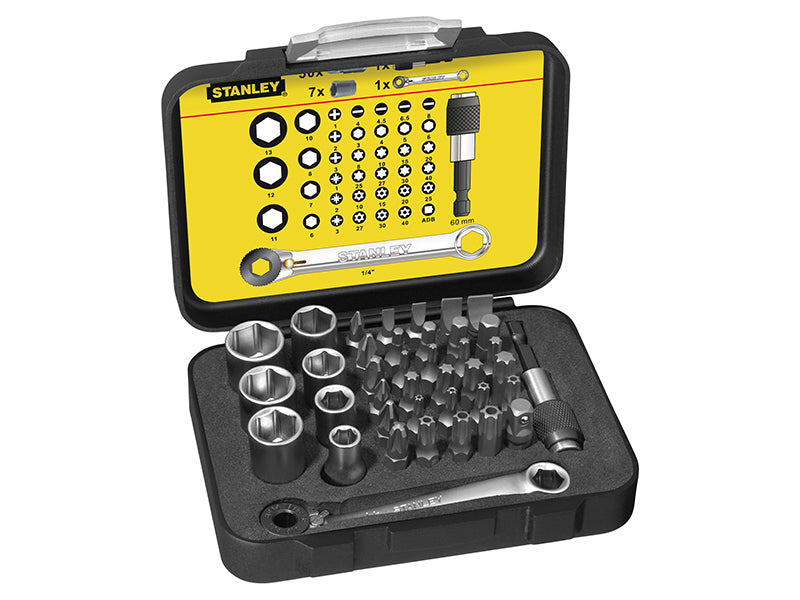 STANLEY 1/4in Drive Metric Socket And Bit Set 39pc plus Ratchet End STA113907