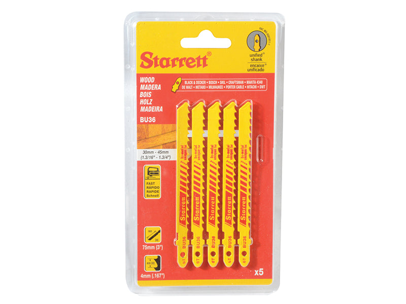 Starrett BU36-5 Wood Cutting Jigsaw Blades Pack of 5 STRBU365