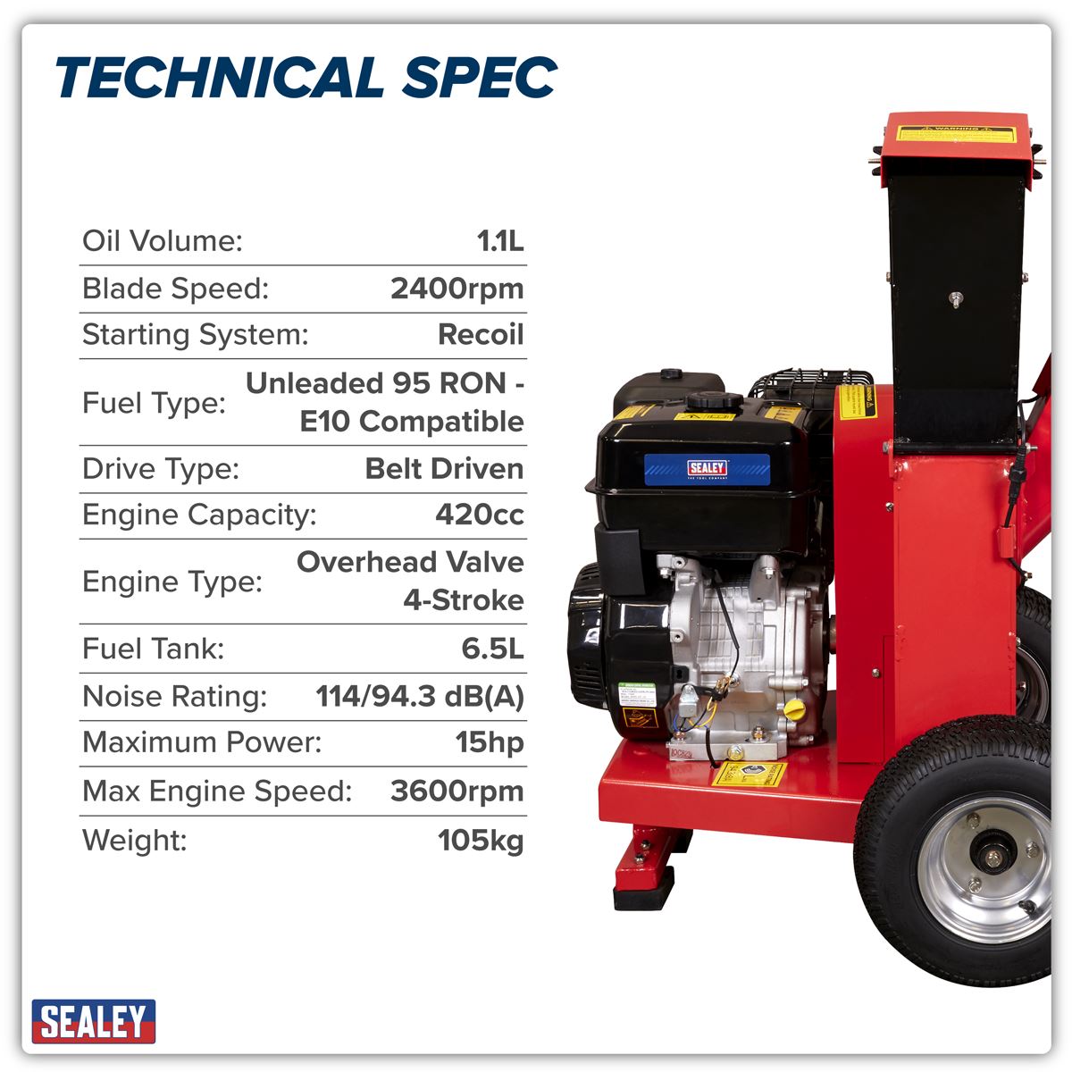 Sealey Wood Chipper OHV 4 Stroke 420cc Engine 15hp 100mm Capacity SWC420