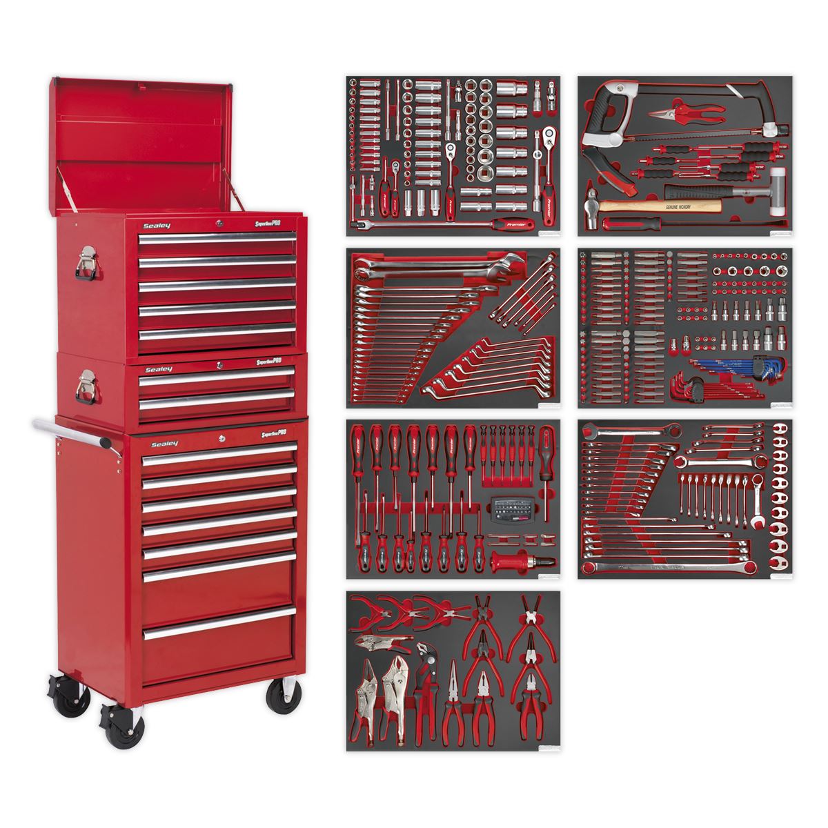 Sealey Tool Chest Combination 14 Drawer with Ball-Bearing Slides - Red & 446pc Tool Kit TBTPCOMBO1