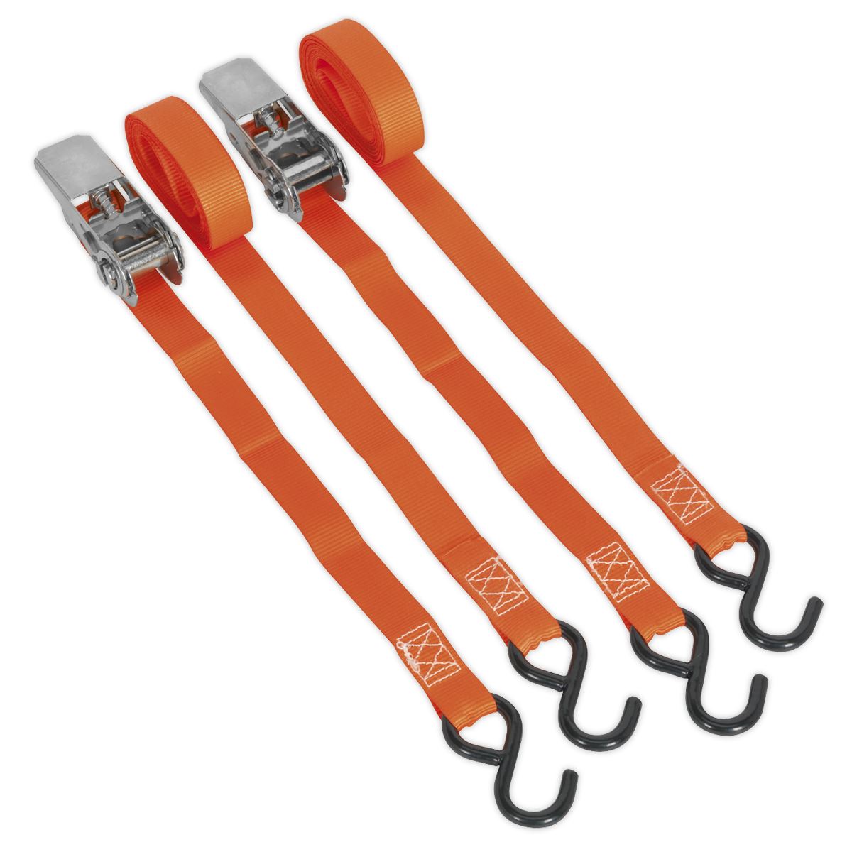 Sealey Ratchet Straps 25mm x 4m Polyester Webbing with S-Hooks 500kg Breaking Strength - Pair TD0540S2