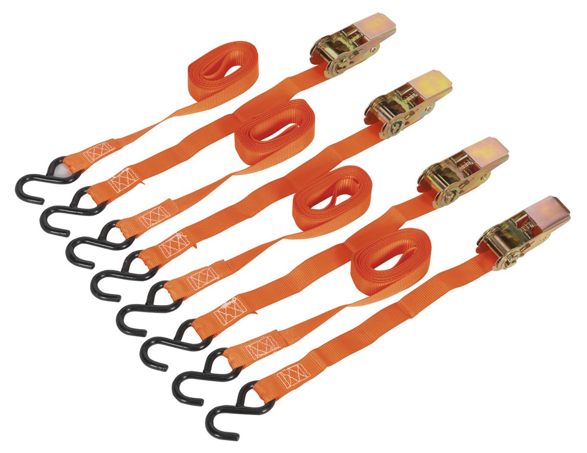 Sealey Ratchet Straps 25mm x 4m Polyester Webbing with S-Hooks 500kg Breaking Strength - 2 Pairs TD0540S4