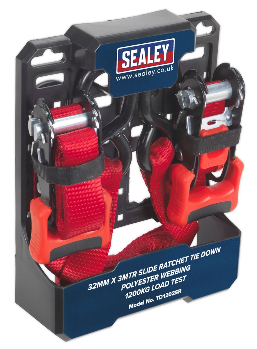 Sealey Slide Ratchet Strap 32mm x 3m Polyester Webbing with S-Hooks 1200kg Breaking Strength TD1202SR