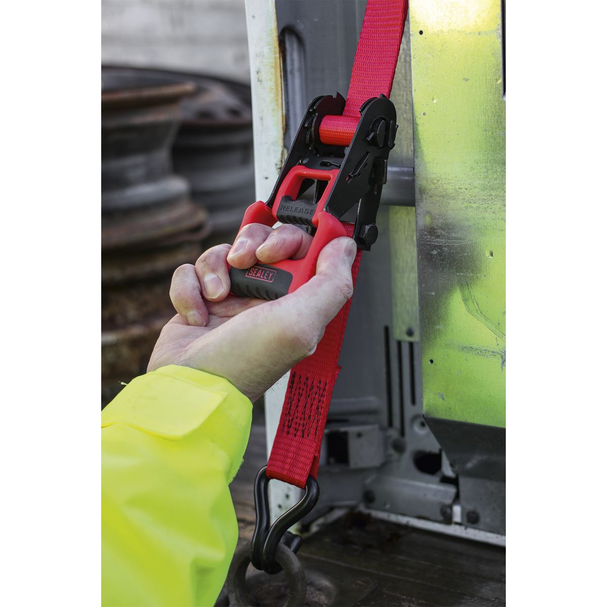 Sealey Ratchet Straps 32mm x 4.9m Polyester Webbing with J-Hooks 1200kg Breaking Strength - 2 Pairs TD41248JD
