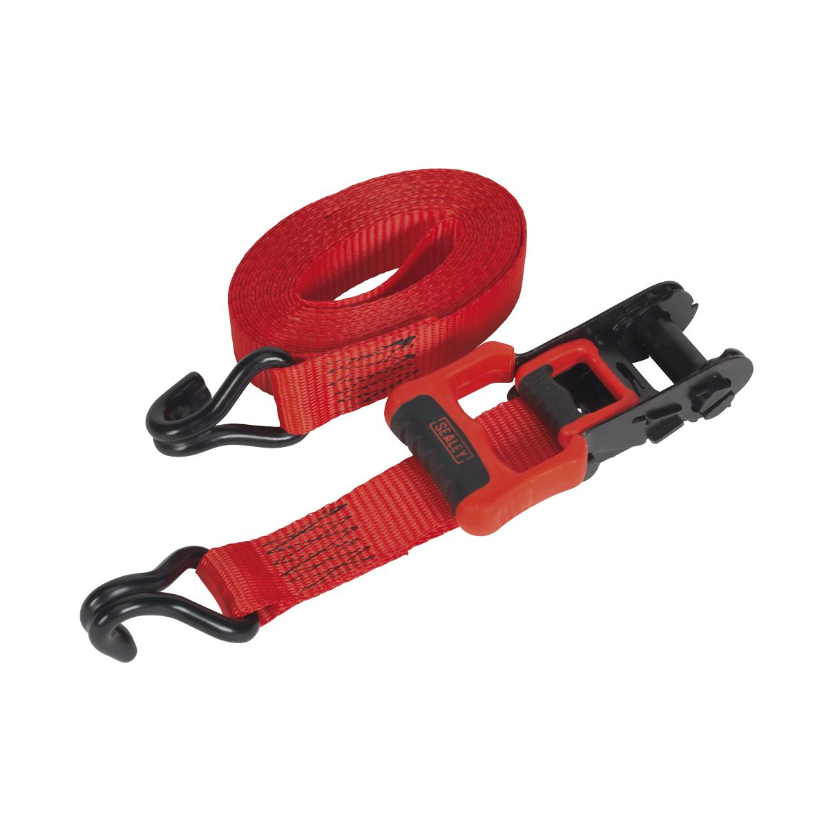 Sealey Ratchet Straps 32mm x 4.9m Polyester Webbing with J-Hooks 1200kg Breaking Strength - 2 Pairs TD41248JD