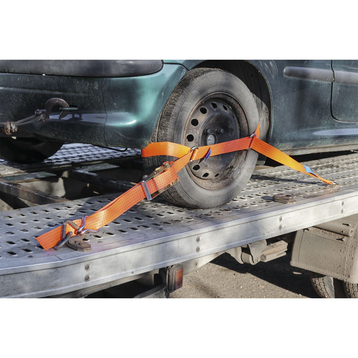 Sealey Car Transporter Ratchet Strap 50mm x 3m Steel Wheel - Single 4500kg Breaking Strength TDRWS