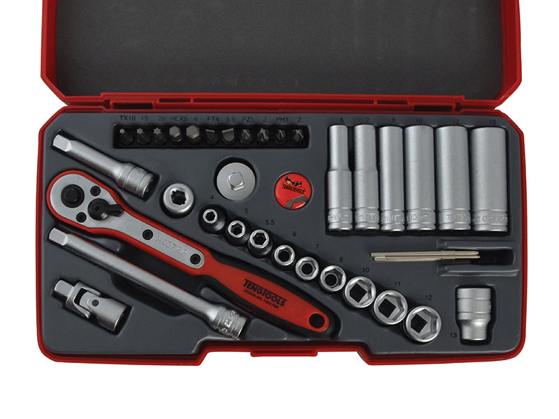 Teng Metric Socket Set 36 Pc 1/4in Drive Chrome 6Pt With Bits In A Tray T1436
