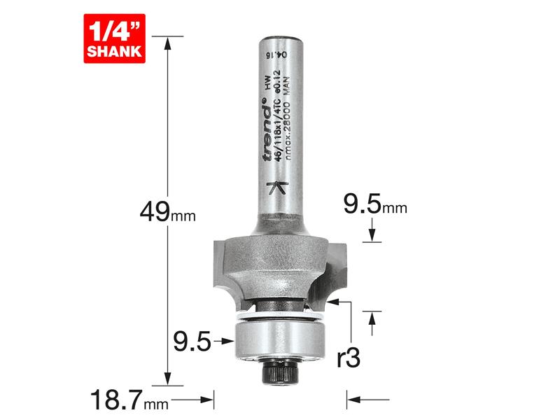 Trend 46/118 x 1/4 TCT Bearing Guided Ovolo & Round Over 3mm Radius TRE4611814TC