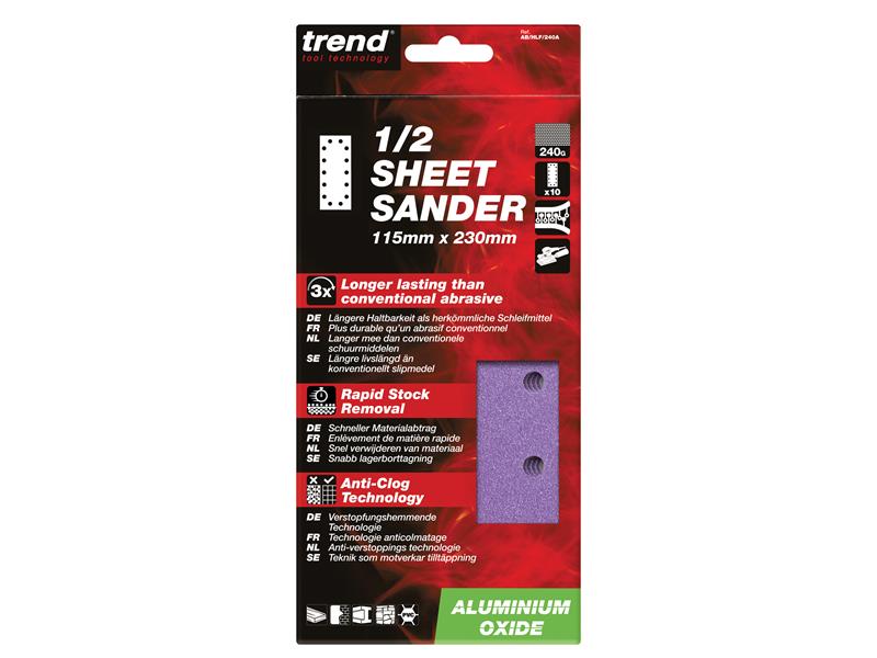 Trend Aluminium Oxide 1/2 Sanding Sheets 115 x 230mm 180G (Pack 10) TREABHLF180A