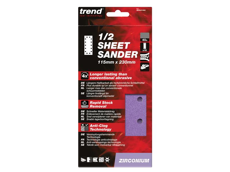 Trend Zirconium 1/2 Sanding Sheets 115 x 230mm 80G (Pack 10) TREABHLF80Z