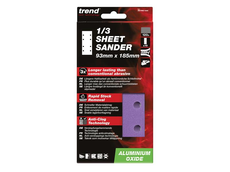 Trend Aluminium Oxide 1/3 Sanding Sheets 93 x 185mm 180G (Pack 10) TREABTHD180A