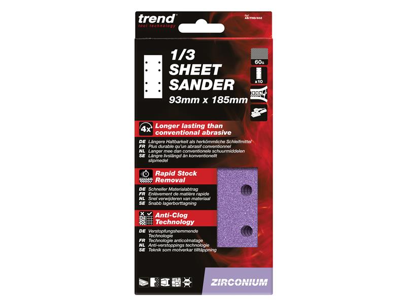 Trend Zirconium 1/3 Sanding Sheets 93 x 185mm 60G (Pack 10) TREABTHD60Z