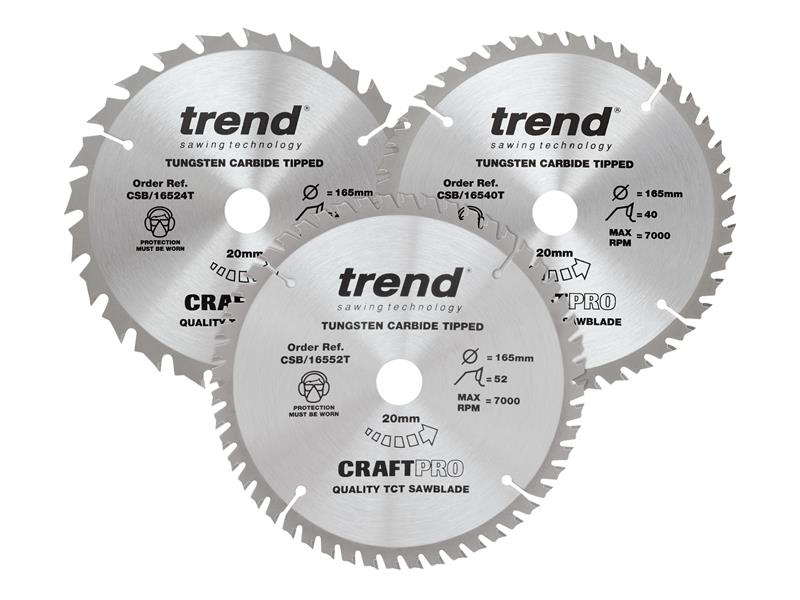 Trend CraftPro Cordless Saw Blade 165 x 20mm x 24T/40T/52T (Pack 3) TRECSB1653PB