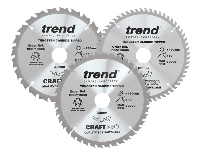 Trend CraftPro Saw Blade 190 x 30mm x 24T/40T/60T (Pack 3) TRECSB190P3