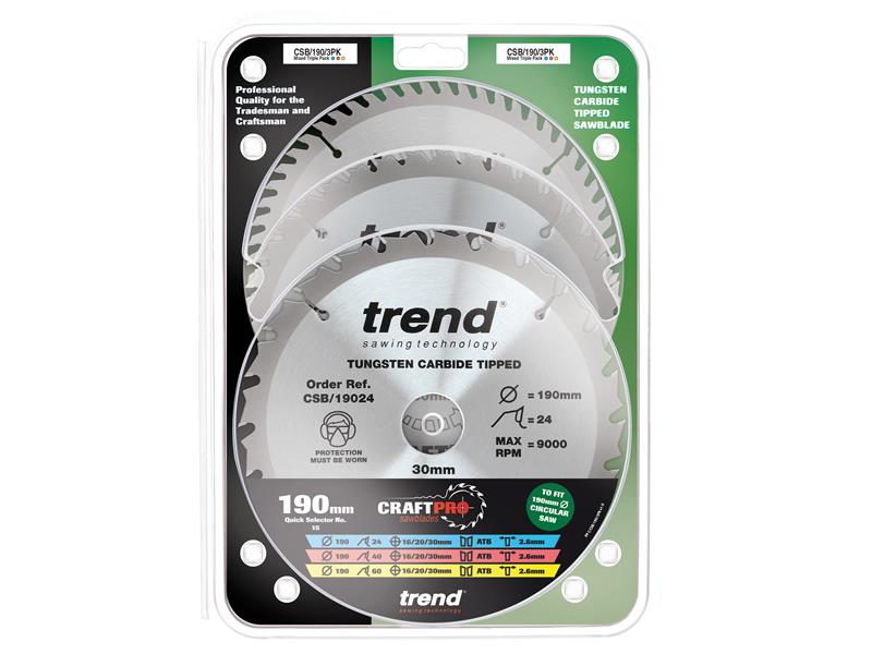 Trend CraftPro Saw Blade 190 x 30mm x 24T/40T/60T (Pack 3) TRECSB190P3