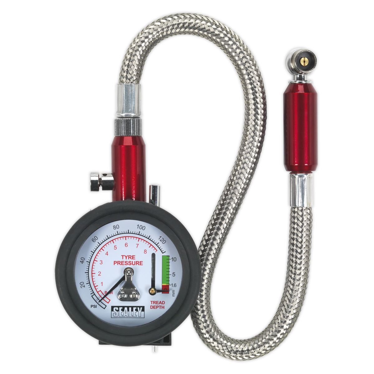 Sealey Tyre Pressure Gauge & Tyre Tread Depth Gauge - Flexible Hose 0-8bar(0-120psi) TSTPDG02
