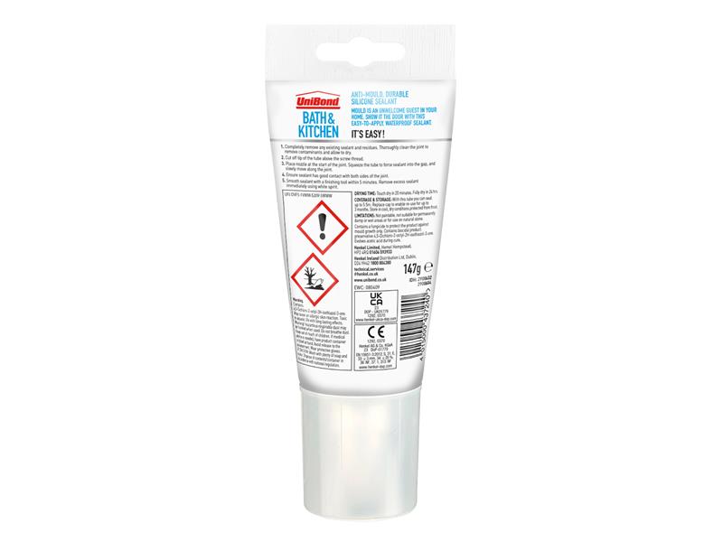 UniBond Anti-Mould Kitchen & Bathroom Sealant Tube White 147g UNI2079321