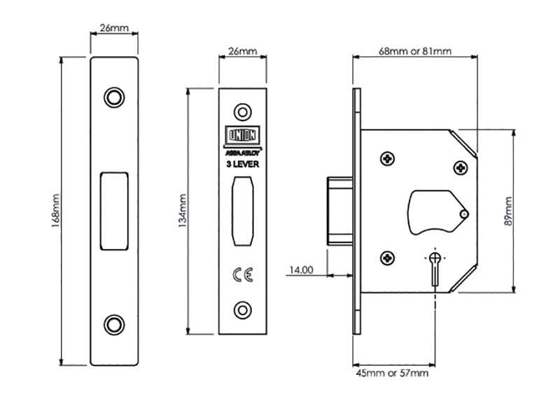 UNION StrongBOLT 2103S 3 Lever Mortice Deadlock Polished Brass 68mm 2.5in Visi UNNY2103PB25