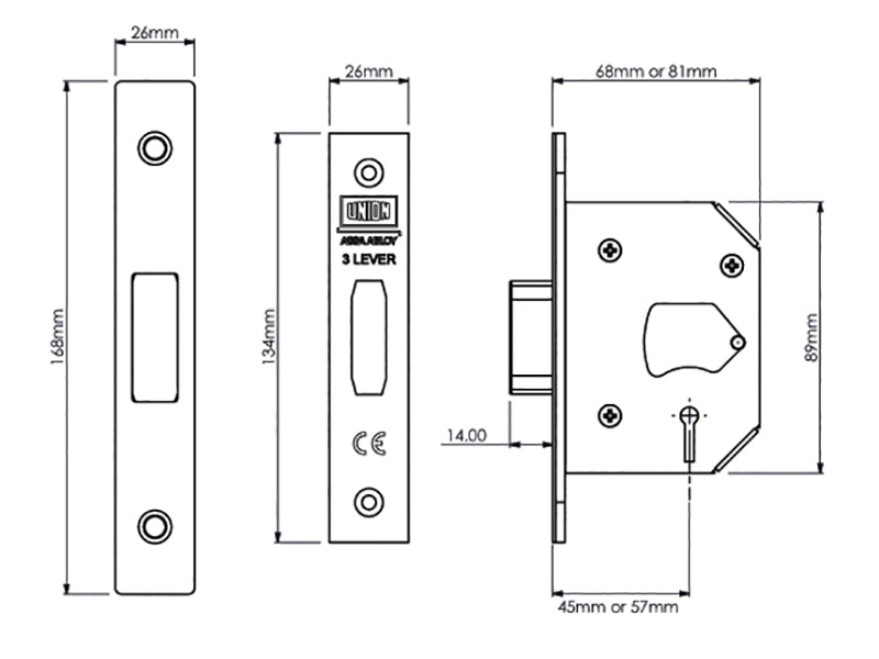 UNION StrongBOLT 2103S 3 Lever Mortice Deadlock Polished Brass 81mm 3in Visi UNNY2103PB30