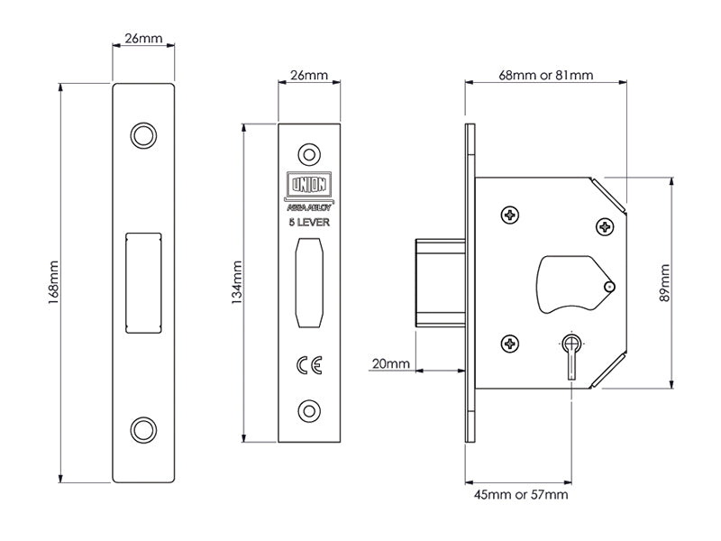 UNION StrongBOLT 2105S Polished Brass 5 Lever Mortice Deadlock Visi 68mm 2.5in UNNY2105PB25
