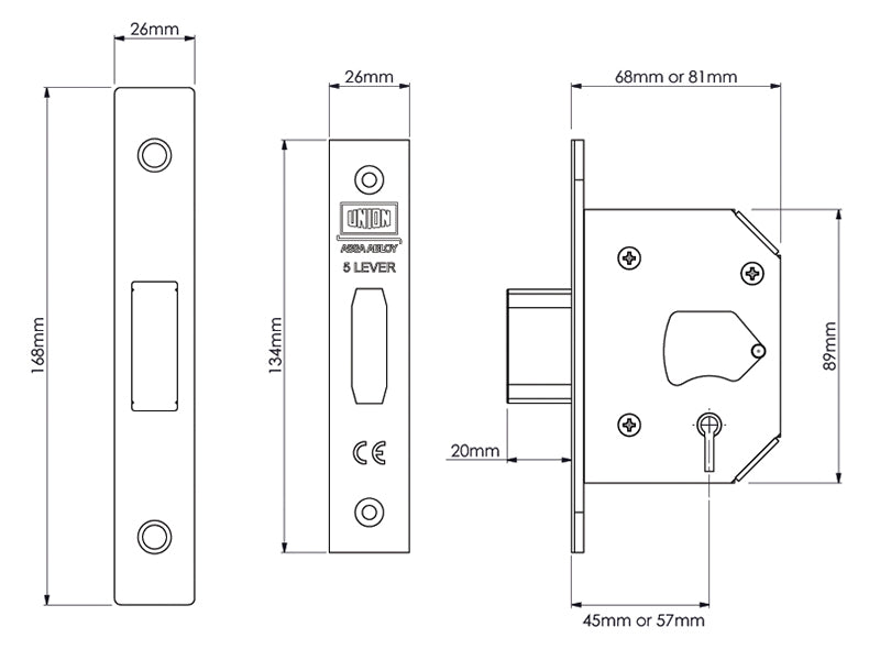 UNION StrongBOLT 2105S Polished Brass 5 Lever Mortice Deadlock Visi 81mm 3in UNNY2105PB30