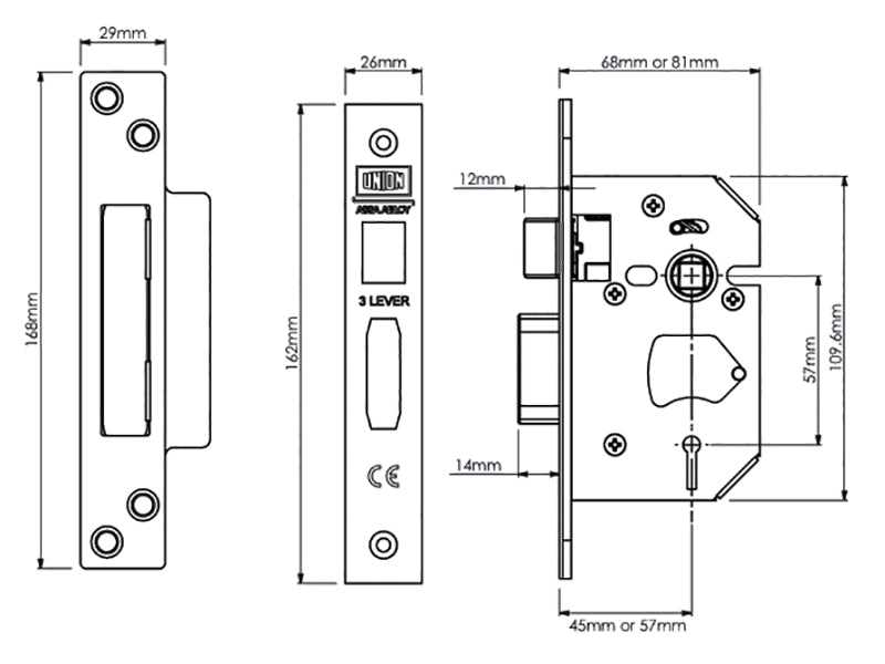 UNION StrongBOLT 2203S 3 Lever Mortice Sashlock Polished Brass 68mm 2.5in Visi UNNY2203PB25